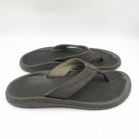 OLUKAI Brown Leather Flip Flop Thong Sandals Mens 10 - Picture 3 of 11